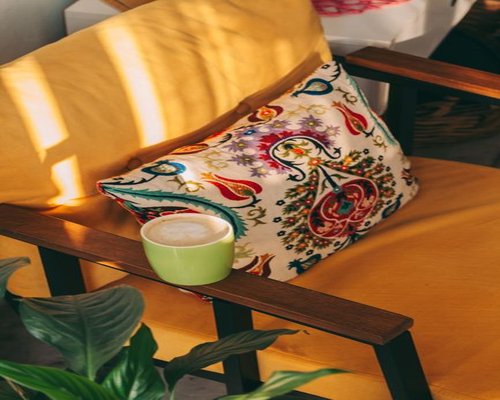 Cozy brightly lit room with comfortable seating and natural sunlight